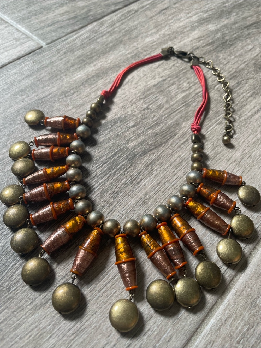 Chico's Amber, Bronze and Pink Beaded Statement Necklace